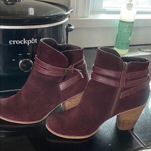 Women's Burgundy Suede Ankle Boots with Stacked Heel